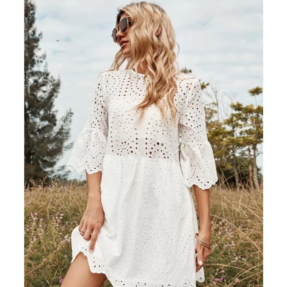Pippidip Dress White Eyelet Mini Dress Scalloped Hemline and Sleeves size Medium